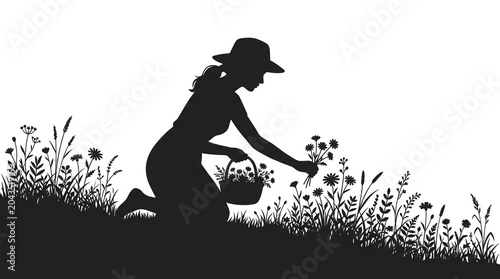 Woman Picking Wildflowers Silhouette Illustration