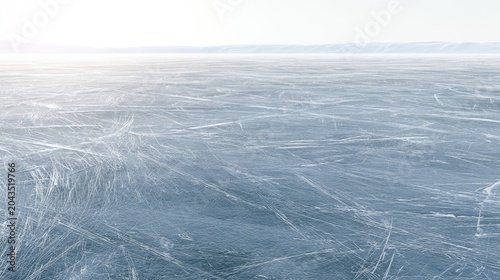 Vast, frozen expanse of ice with faint horizon and sky