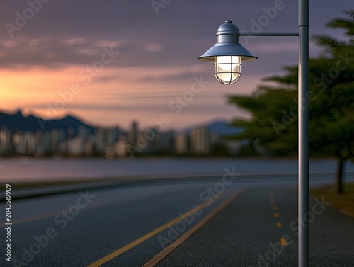 Illuminated street lamp on a road at dusk, with a city skyline in background