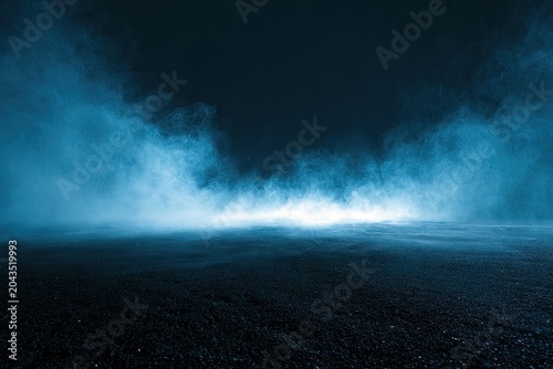 Ethereal blue mist envelopes a dark, textured ground with a bright horizon