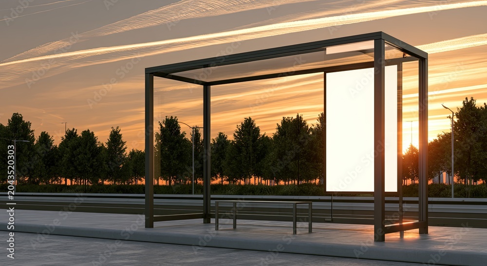 Fototapeta premium A bus stop shelter with a blank advertisement board at sunset