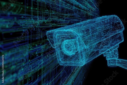 Futuristic surveillance camera depicted as a glowing blue digital wireframe mesh