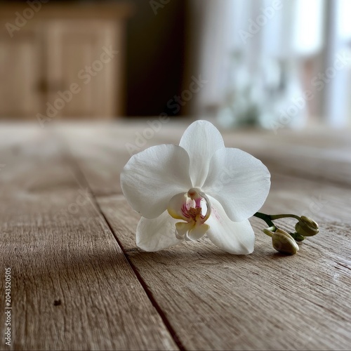 Delicate white orchid rests on a warm wooden floor, creating serene beauty