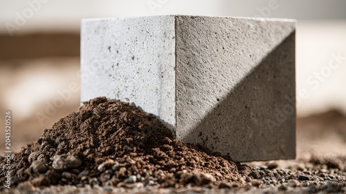 Gray concrete cube resting on a pile of dirt and gravel