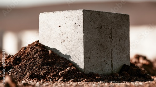 A geometric concrete block rests on a mound of soil, casting a sharp shadow