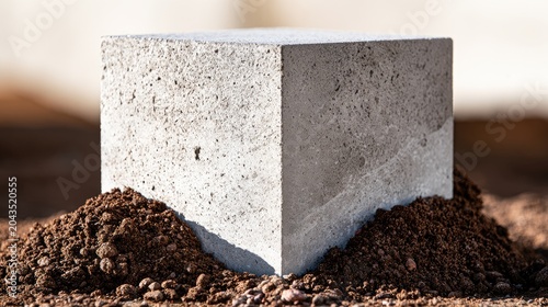 A rough concrete cube sits firmly planted in rich soil