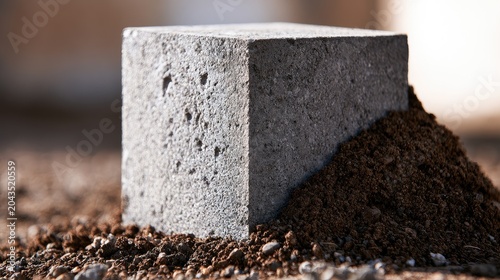 Rough gray cube on loose dark soil, outdoor, close-up, natural light