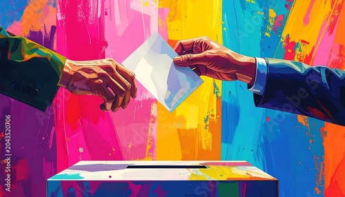 Colorful Hands Casting Ballot in Voting Box Against Vibrant Abstract Background