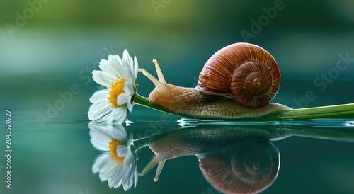 A snail crawls across a blade of grass holding a daisy, with water reflection