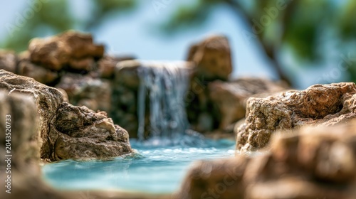 Miniature waterfall cascades into a clear, blue pool surrounded by rocks