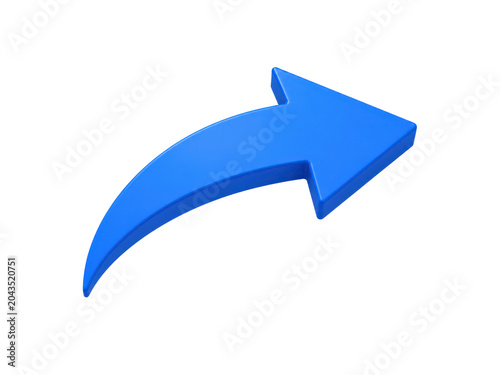 Blue curved arrow 3d icon pointing right for navigation interface and share symbol design.