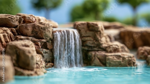 Miniature waterfall cascades over rocky terrain into clear blue water