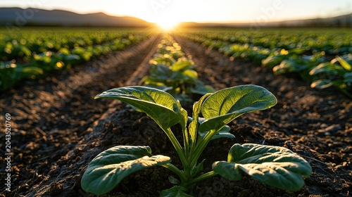 Rows of young green plants bathed in warm sunset light on a cultivated farm field