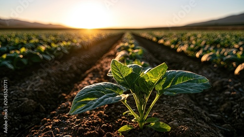 Young seedling grows in cultivated field during golden hour sunset
