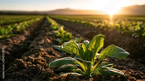 Rows of young green plants grow in fertile soil under golden sunset light