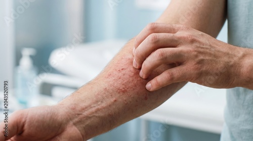 Close-up of allergic skin rash on human arm with itching and inflammation. Dermatology, eczema, dermatitis, skin allergy, allergic reaction, healthcare, diagnosis, treatment and chronic skin disease