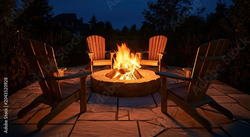 Cozy outdoor seating around a glowing fire pit at dusk