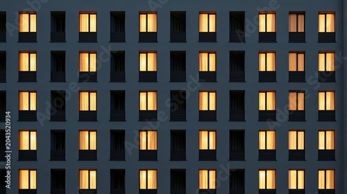 Rows of lit windows on a dark, modern building facade