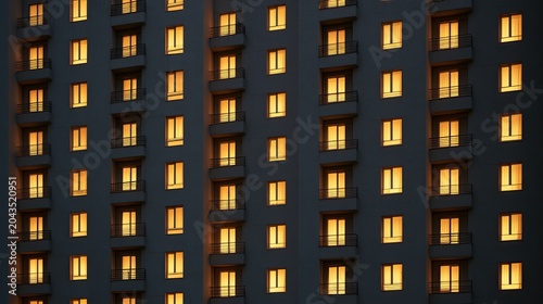 Rows of apartment windows glowing with warm light against a dark facade