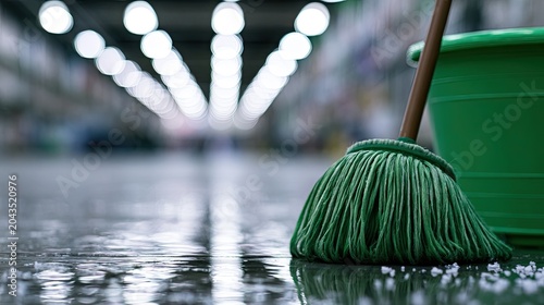 A mop and bucket on a wet, shiny floor in a long, dimly lit hall