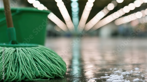 Green mop and bucket on wet floor, with bokeh lights overhead