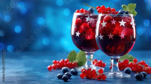 Festive berry cocktail with red currants and blueberries decorated with star motifs for USA Independence Day celebration. Refreshing patriotic summer drink for Fourth of July parties