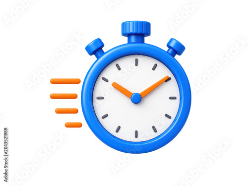 Blue stopwatch 3d icon with speed motion lines for time management and fast delivery logo.