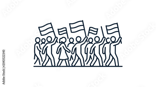 Vászonkép A line art illustration of a diverse group of people marching together while holding flags