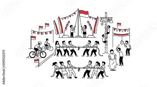 Indonesian Independence Day celebration activities featuring traditional games and flag raising.