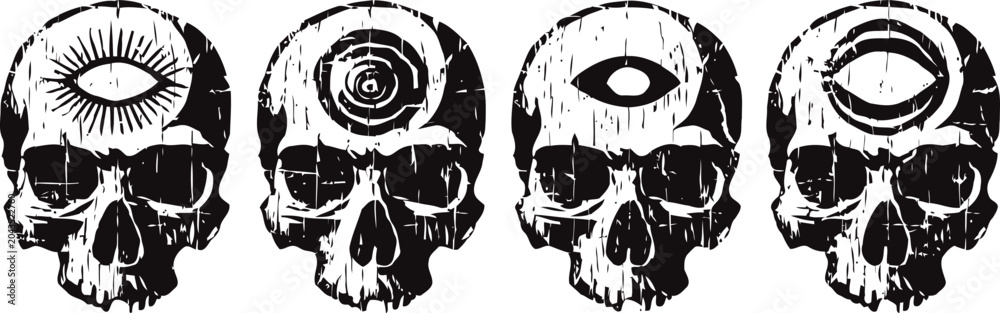 Fototapeta premium four human skulls with surreal eye designs on foreheads gothic, horror, dark art, monochrome illustration