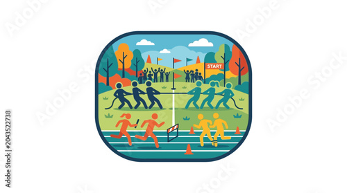Foto Group of people participating in various outdoor sports activities and athletic competitions