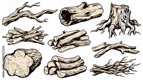 Tableau sur toile Collection of hand drawn wooden elements including logs, firewood bundles, tree branches, and stumps, isolated on a white background, vector illustration
