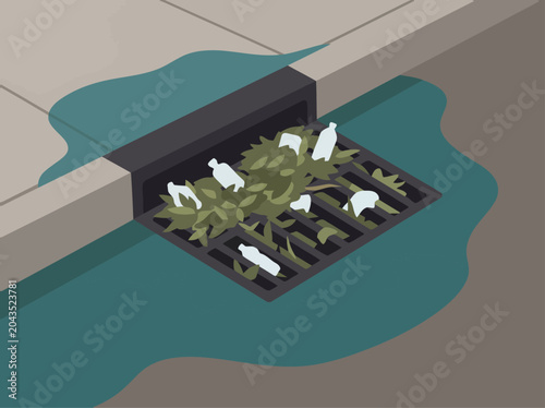 Foto Flooded urban drainage system overwhelmed with debris and wildlife