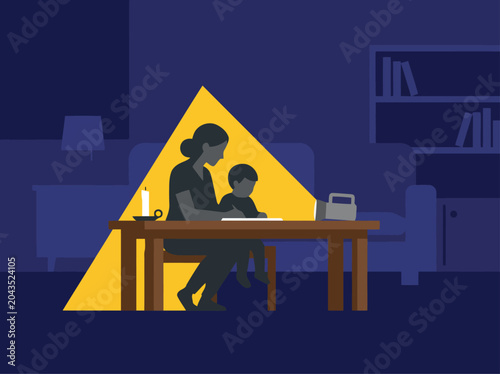 Photos A mother and child share a candlelit moment during a grid blackout, illuminated by indoor lighting