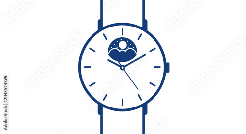 Bild auf Leinwand Modern minimalist watch with moon phase complication, blue outline on white back