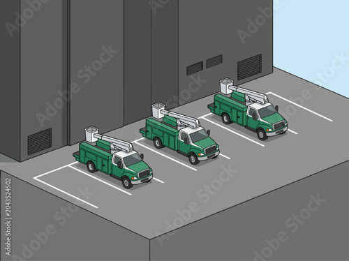 Schilderij op canvas Three utility repair trucks park in a parking lot adjacent to a telecom building