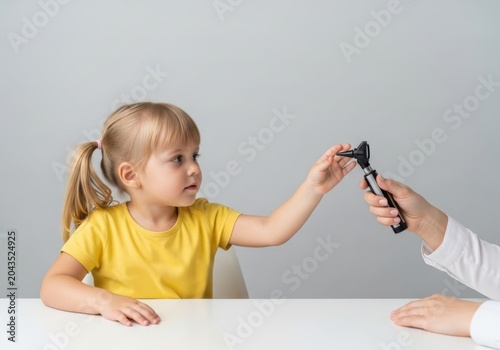 A young girl reaching out to touch an otoscope held by a doctor during a medical examination