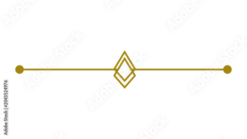 Gold decorative line divider with geometric diamond shape and end dots, isolated on transparent background