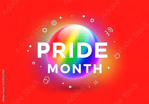 Pride month celebration graphic with rainbow sphere on red background