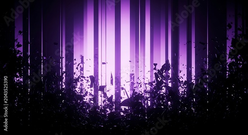 Abstract purple background with vertical light beams and floating debris