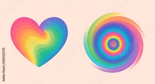 Abstract rainbow gradient heart and spiral shapes