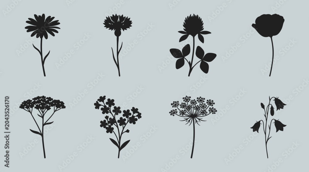Fototapeta premium Eight botanical flower silhouettes on a pale blue background, a versatile vector collection for design and print projects