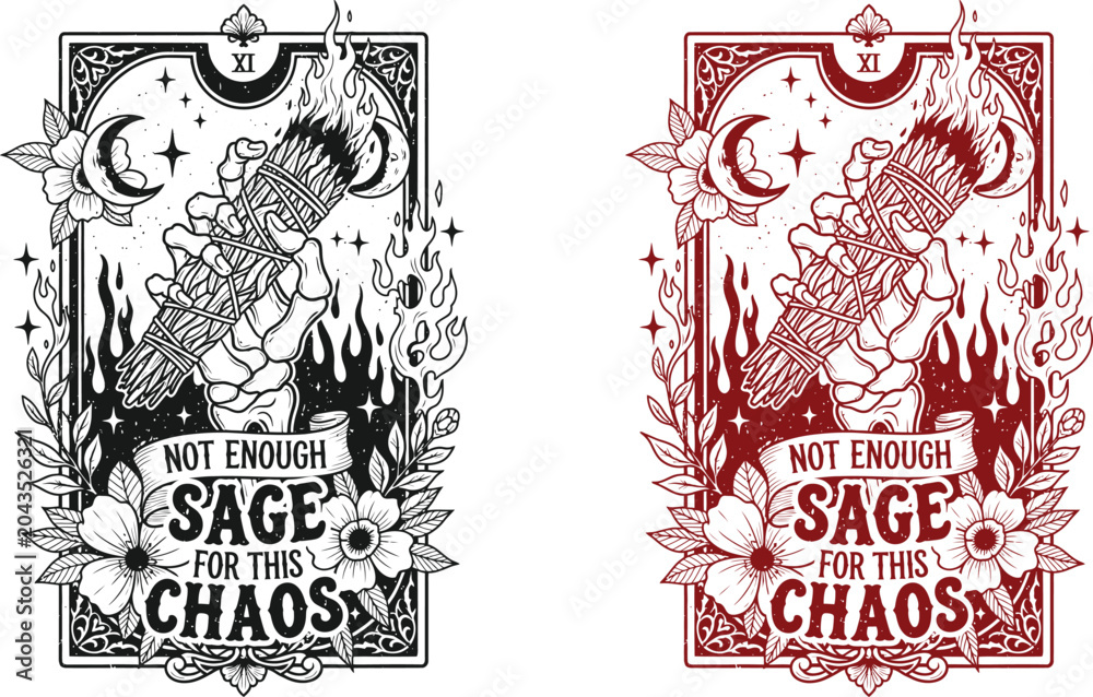 Obraz premium Funny skeleton halloween tarot card not enough sage for this chaos