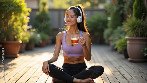 Cheerful young woman sits cross-legged on sun-dappled wooden patio, wearing headphones, holding herbal tea amid lush green potted plants.