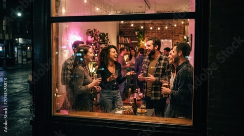Friends enjoying a lively evening at a trendy bar seen through a rain streaked window at night