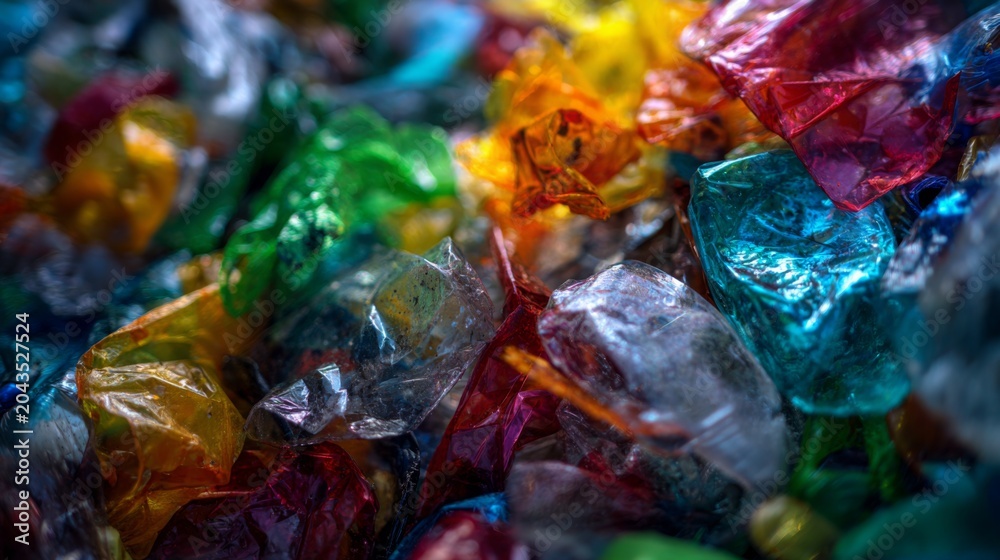 Fototapeta premium Close-Up Macro Shot of Colorful Transparent Plastic Waste Materials in Various Shades and Patterns