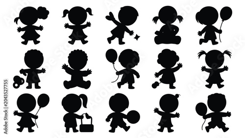 Tableau sur toile Cute cartoon baby silhouettes vector collection, diverse children playing and posing