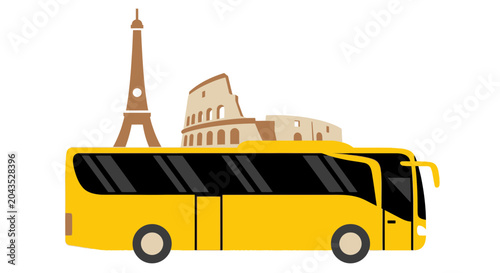 Canvastavla Yellow Tour Bus with Eiffel Tower and Colosseum Icons