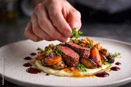 Close-up of professional food presentation with steak and garnish, symbolizing haute cuisine and gastronomy