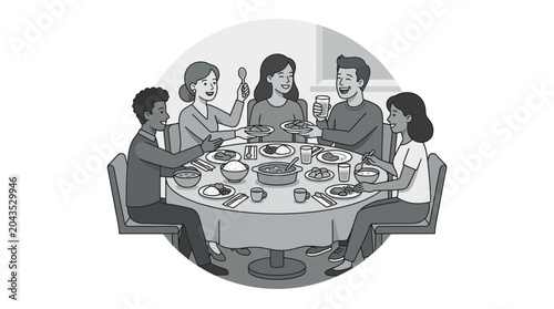 A diverse group of friends enjoying a communal dinner party together.